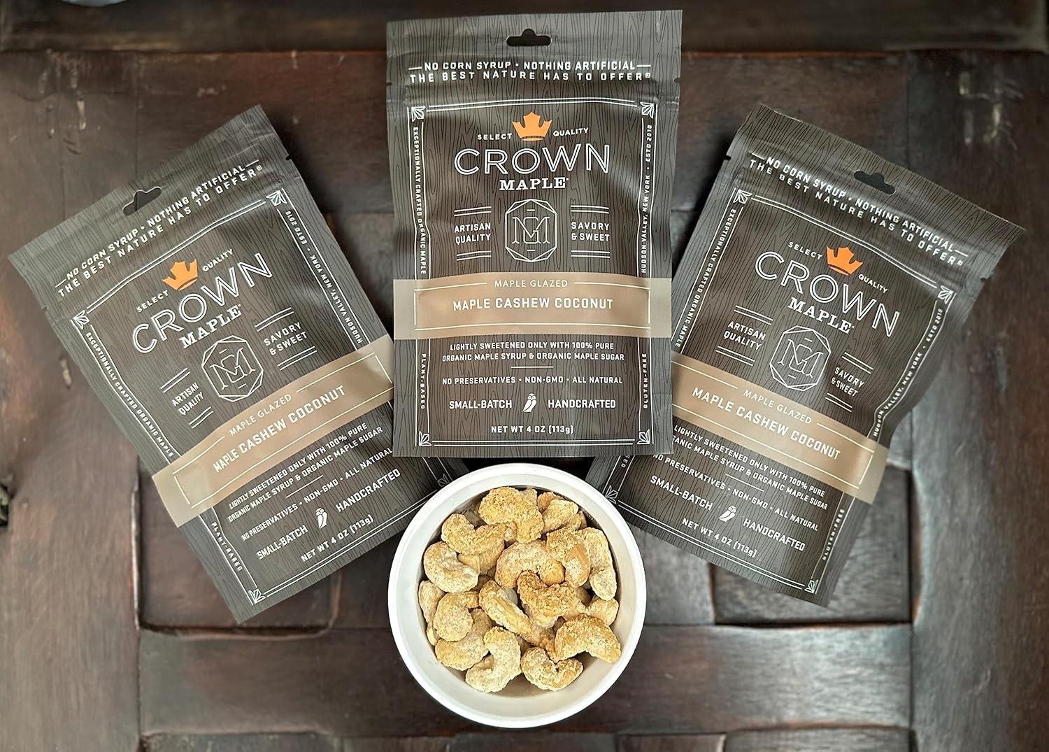 image:imageCrown Maple Glazed Nuts Almonds Cashews Pecans 4 Oz Pouch Pure Maple Sweetened Versatile Gourmet SnackCoconut Cashews