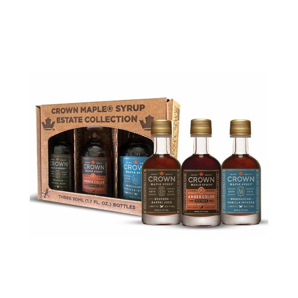 image:imageCrown Maple Premium Trio Collection in Petite 50ML 17 Fl Oz Window Box featuring Amber Color Bourbon Barrel Aged and Madagascar Vanilla Infused Organic Maple SyrupPremium Trio