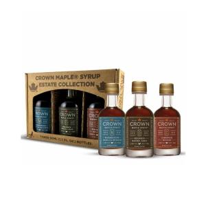 Crown Maple Premium Trio Collection in Petite 50ML (1.7 Fl. Oz.) Window Box featuring Amber Color, Bourbon Barrel Aged, and Madagascar Vanilla Infused Organic Maple Syrup(Artisan Trio)